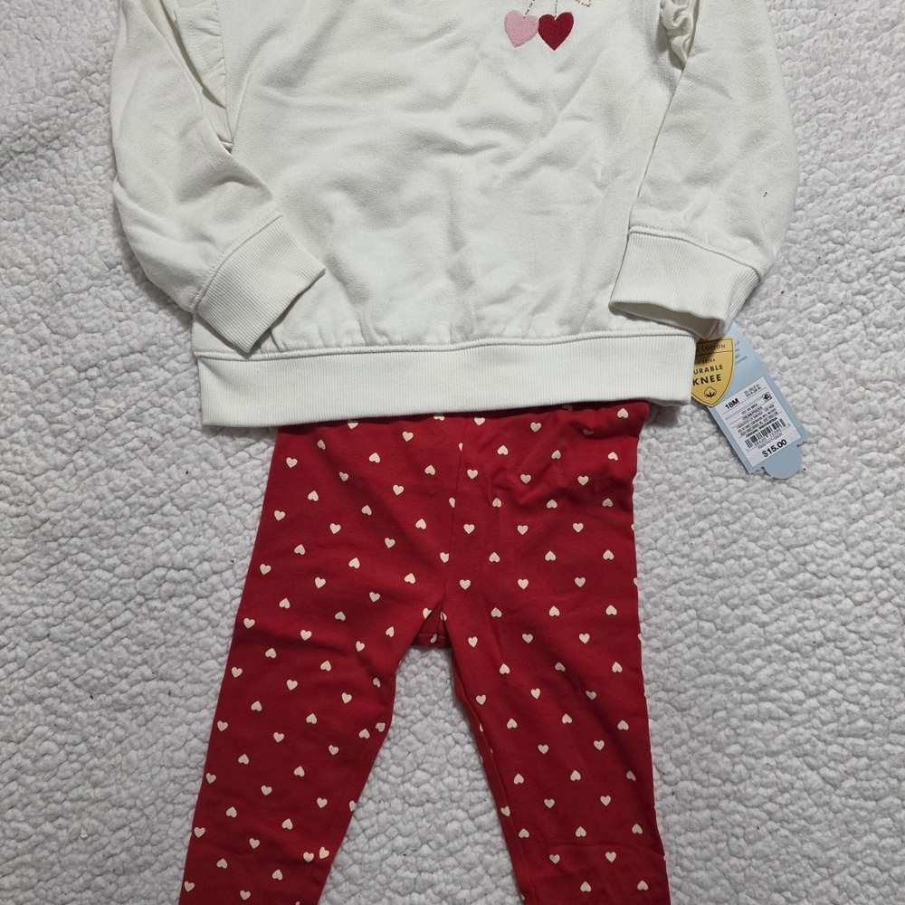 Girl's Heart Embroidered White Sweatshirt and Red Leggings Set